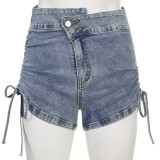 Fashion sexy oblique button denim shorts drawstring straps pleated hip hot pants