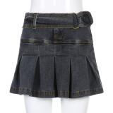 Low Waist Hot Girl Metal Buckle Belt Short Solid Denim Pleated Skirt