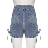 Fashion sexy oblique button denim shorts drawstring straps pleated hip hot pants
