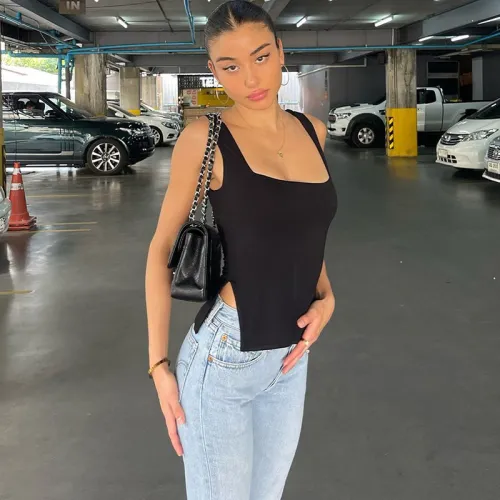 Square neck solid color sleeveless side slit vest T-shirt top women