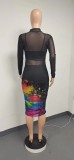 Black Short Skirt Top with Vintage Print Sexy Mesh Midi Dress Three Piece