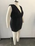 Fat Woman Plus Size Women's Black Sequin Deep V Sleeveless Hip Dress