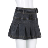 Low Waist Hot Girl Metal Buckle Belt Short Solid Denim Pleated Skirt