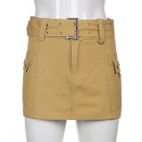 Solid Color Low Waist Pocket Bag Hip Slim Denim Skirt