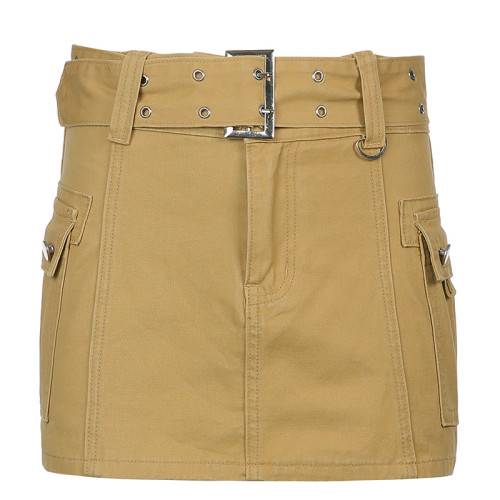 Solid Color Low Waist Pocket Bag Hip Slim Denim Skirt