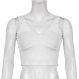 Women's fashion simple bow lace pleated V-neck sleeveless slim vest women