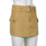 Solid Color Low Waist Pocket Bag Hip Slim Denim Skirt