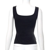 Square neck solid color sleeveless side slit vest T-shirt top women