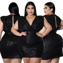 Fat Woman Plus Size Women's Black Sequin Deep V Sleeveless Hip Dress