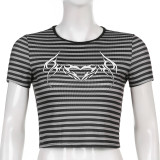 Street Style Striped Print Short Sleeve T-Shirt Women Slim