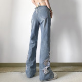 Street Trend Hot Girl Hollow Embroidered Flower Raw Edge Jeans Low Waist Slim Slim Pants