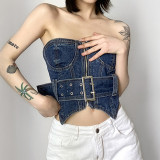 Celebrities with the same street hot girl sexy one-shoulder heavy industry corset denim vest new irregular chest top