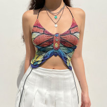 Women's Butterfly Print Colorful Halter Strap Sexy Tank Top