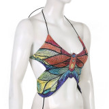 Women's Butterfly Print Colorful Halter Strap Sexy Tank Top