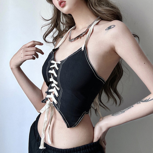 Hot girl style contrast color tie halter camisole small vest fashion holiday style show chest crop top