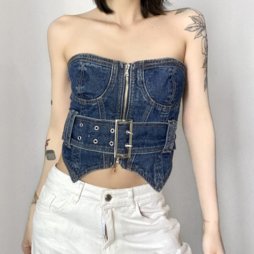 Celebrities with the same street hot girl sexy one-shoulder heavy industry corset denim vest new irregular chest top