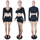 Solid Color Sports Ladies Two-piece Sexy Lace Up Navel Shorts Suit Fashion Summer Women's Clothing