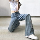 Street Trend Hot Girl Hollow Embroidered Flower Raw Edge Jeans Low Waist Slim Slim Pants