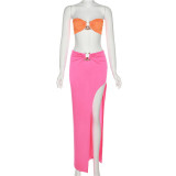 Women's Fashion Show Navel Vest High Waist Bag Hip Contrast Color Skirt Suit Women