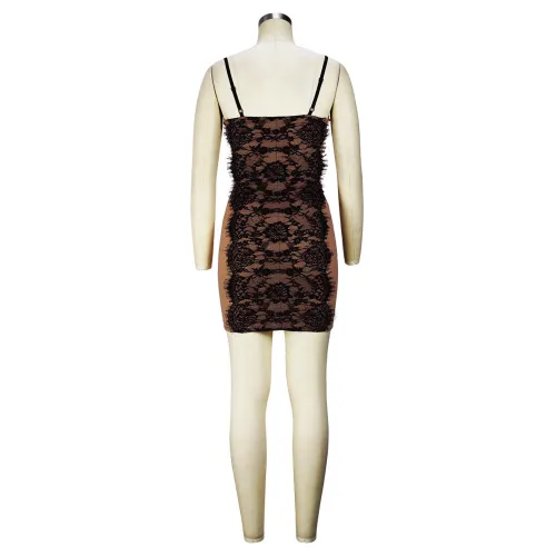 Sexy suspender skirt lace mesh gauze open back dress