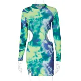 Tie Dye Print Sexy Hollow Zipper Cardigan Hip Dress Women