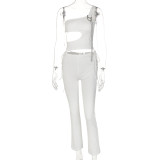 Women's Solid Color One Shoulder Hollow Vest Two Piece Fashion Casual Suit