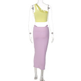 Contrast Color One-Shoulder Wrap Skirt Two-Piece Fashion Casual Set