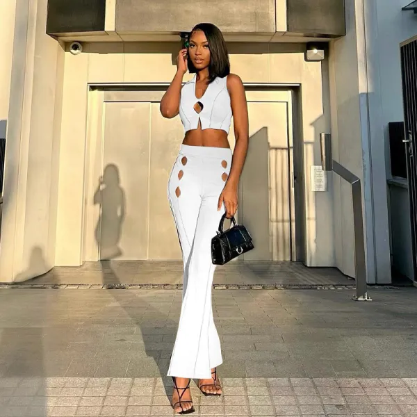 Solid Color Hollow Sleeveless Tank Top Pants Two-piece Fashion Suit