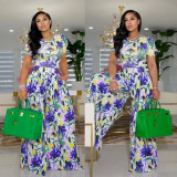 Casual lace-up printed puff sleeve suit wide leg pants two-piece set