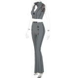 Solid Color Hollow Sleeveless Tank Top Pants Two-piece Fashion Suit