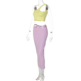 Contrast Color One-Shoulder Wrap Skirt Two-Piece Fashion Casual Set