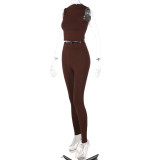 Fashion Slim Round Neck Sleeveless Top Tight Waist Sports Yoga Set
