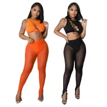 Fashion Sexy Sleeveless Hollow Bandage Perspective Tight Body Shower Suit