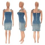 Women's Sexy Backless Sling Bag Hip Mid Length Slim Fit Raw Denim Dress