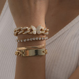 Hip-hop studded with diamonds Cuban chain butterfly bracelet set retro metal square plate flat snake bone chain bracelet