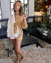 Women's nightclub fashion sexy cardigan loose contrast color temperament commuter shirt long-sleeved suit