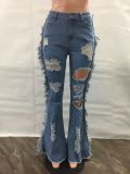 Front and rear ripped loose tassel flared jeans