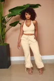 Women's solid color sexy deep V vest with trousers slit and lace wide leg two-piece suit