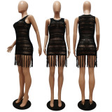 Women's Sexy Mesh Sheer Knit Hook Tassels Slim Fit Dress