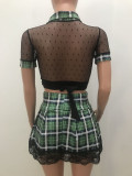 Women's Plaid Printed Mesh Panel Contrast Color Lace Top Lace A-Line Skirt Set