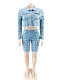 Women's sexy new fashion hole jeans + trend hole jacket top two-piece set
