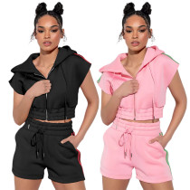 Casual Hooded Tie Zip Pocket Tracksuit Two-Piece Set