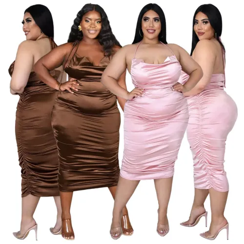Plus Size Women's Nightclub Halter Strap Pleated Zipper Shiny Dress