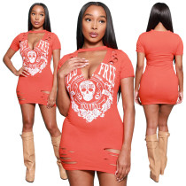 T-sleeve V-neck ripped skull fashion print dress