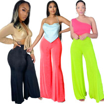 High Elastic Bobbi Fashion Solid Color Sling Pants Wide Leg Pants