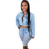 Women's sexy new fashion hole jeans + trend hole jacket top two-piece set