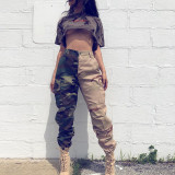 Women's Fashion Personality Contrast Color Splicing Camouflage Overalls
