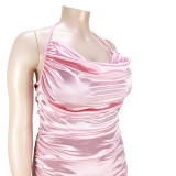 Plus Size Women's Nightclub Halter Strap Pleated Zipper Shiny Dress