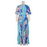 Dress Fashion Casual Positioning Print Butterfly Sleeve Ladies Swing Side Split Long Dress