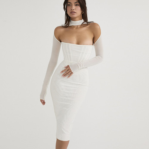 Mesh Panel Long Sleeve Solid Color Dress